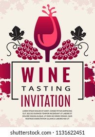 Wine retro poster. Pictures of wine glass and stylized black grape. Vector wineglass and grapes, invitation to tasting banner illustration