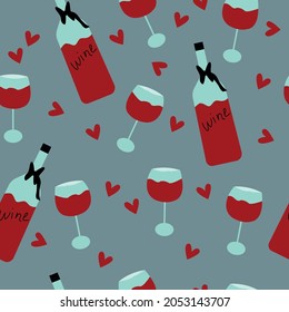 Wine retro style pattern. Fashion Seamless pattern with bottle of wine, glass of wine and hearts  for textile. fashion Modern background textile, prints, paper products, the Web. 
