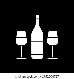 Wine for romantic dinner dark mode glyph icon. Couple date. Wine tasting event. Party beverage. Alcohol drink for two. White silhouette symbol on black space. Vector isolated illustration