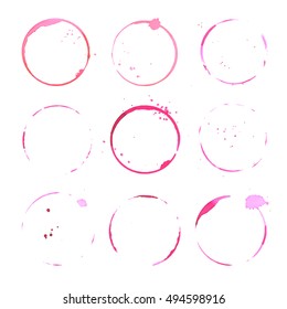 Wine round stains and blots. Set of vector red glass traces