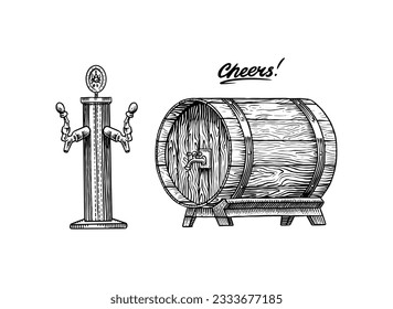 Wine or rum, beer classical wooden barrel. engraved in ink hand drawn in old sketch and vintage style for web or pub menu. design of oktoberfest.