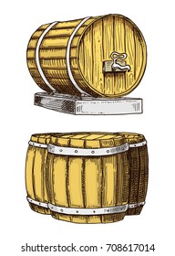 wine or rum, beer classical wooden barrels for rural landscape with villa front and side view. engraved in ink hand drawn in old sketch and vintage style for web or pub menu. design of oktoberfest.
