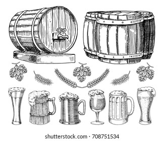 wine or rum, beer classical wooden barrels for rural landscape. Barley and wheat, malt and hops. engraved in ink hand drawn in old sketch and vintage style for web or pub menu. design of oktoberfest.