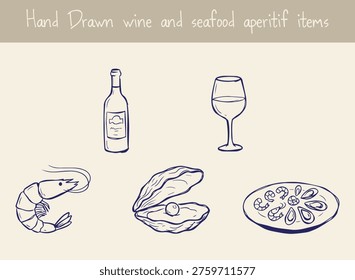 Wine and seafood aperitif items, bottle, glass, shrimp, oyster.