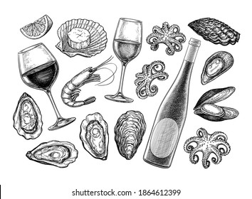 Wine and seafood. Ink sketch collection isolated on white background. Hand drawn vector illustration. Retro style.