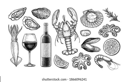 Wine and seafood. Ink sketch collection isolated on white background. Hand drawn vector illustration. Retro style.