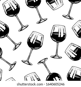 Wine Seamless pattern. Alcoholic drink or Sparkling champagne, bottle and glass. Vintage poster or banner. Hand Drawn engraved sketch for bar, winery background, restaurant menu.