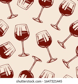 Wine Seamless pattern. Alcoholic drink or Sparkling champagne, bottle and glass. Vintage poster or banner. Hand Drawn engraved sketch for bar, winery background, restaurant menu.