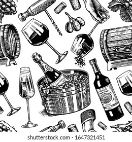 Wine Seamless pattern. Alcoholic drink or Sparkling champagne, bottle and glass Cheers, wooden barrel. Vintage poster or banner. Hand Drawn engraved sketch for bar, winery background, restaurant menu.