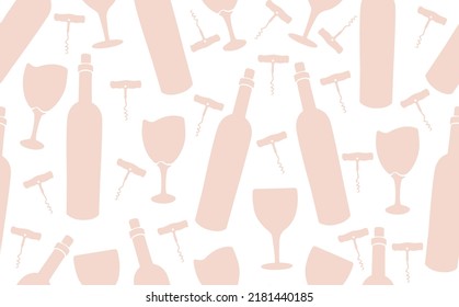 Wine Seamless Pattern. Background with Pik Pastel  Bottles, Glasses and Corkscrew. Vector illustration.