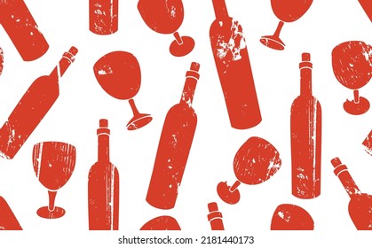 Wine Seamless Pattern. Background with red grunge Bottles and Glasses. Vector illustration.