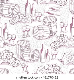 Wine seamless pattern with barrels, bunches of grapes, bottles and glasses.