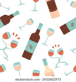 Wine seamless pattern. Bottle and glasses festive endless background. Drinks beverage party cover. Vector flat illustration.
