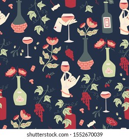 Wine Seamless Pattern with Bottles, Glass Wine and Grapes.
