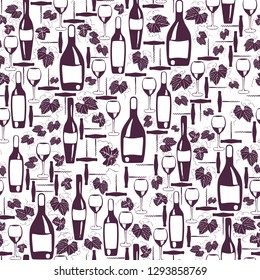 Wine seamless pattern. Wine bottles, wine glasses, grape leaves and corkscrew, hand-drawn on white background. Vector model for decor of restaurant, cafe, wine card, packaging paper, etc.