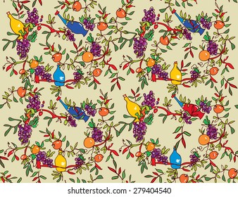 Wine seamless pattern with bottles, vines and oranges
