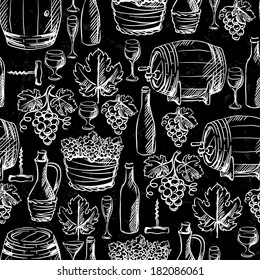 Wine Seamless Pattern Drawn By Chalk.