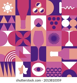 Wine seamless pattern in geometric. Repetitive vector background for wine tasting, festival, branding, etc.