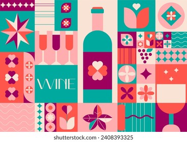 Wine seamless pattern in geometric style.Good for branding, decoration of wine package, cover design, decorative print.Wine Tasting Concept.