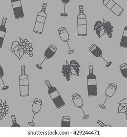 Wine seamless pattern with grapes, bottles and glasses.
Grey background is on separated layer. Easy to change color. Mask is used.