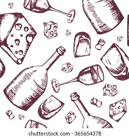 Wine seamless pattern. Hand drawn wine elements. Vector illustration
