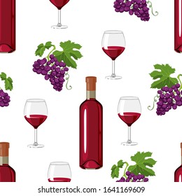 Wine seamless pattern. Red wine in  bottle, glass and bunches of dark grapes with green leaves isolated on white background. Vector illustration of alcoholic drink in cartoon flat style.