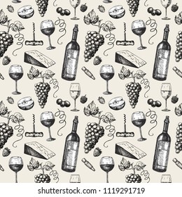 Wine seamless pattern vintage. Hand drawn vector set - wine and winemaking. Grapes, leaves, glass. Use for restaurant, menu, store, shop, wrapping paper, textile