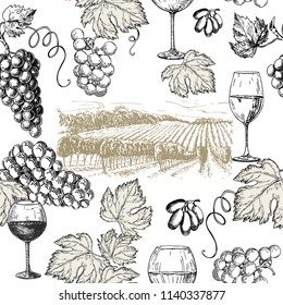 Wine seamless pattern vintage. Hand drawn vector set - wine and winemaking. Grapes, leaves, glass. Use for restaurant, menu, store, shop, wrapping paper, textile