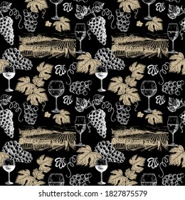 Wine seamless pattern. Vintage. Hand drawn vector set - wine and winemaking. Grapes, leaves, glass, vineyard. Use for restaurant, menu, store, shop, wrapping paper, textile. On a dark background.