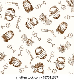 Wine seamless pattern. Winemaking products in sketch style. Hand drawn alcoholic drinks set. Vector illustration of bottle, glass, barrel, grapes, corkscrew, grape twig.