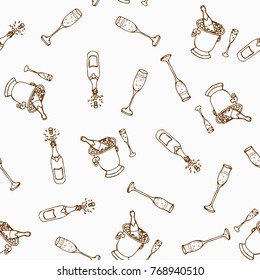 Wine seamless pattern. Winemaking products in sketch style. Hand drawn alcoholic drinks set. Vector illustration of bottle, glass, barrel, grapes, corkscrew, grape twig.