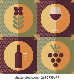Vinho padrão vetor sem emenda no estilo geométrico dos anos 70. Vetor de fundo repetitivo para degustação de vinhos, festival, branding, etc.