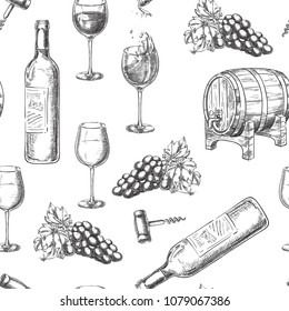 Wine seamless vector pattern. Sketch hand drawn illustration of bottle, glasses, grape vine, barrel, corkscrew. Print or background design.