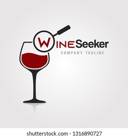Wine Seeker  logo template design. A glass of wine withmagnifying glass icon on white background vector illustration for wineries, bar and restaurants.