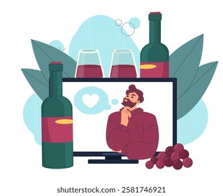 Wine selection online. Man at laptop screen near grapes and bottles with wine. Alcoholic drinks and beverages. Degustation of alcohol. Sommelier online. Flat vector illustration