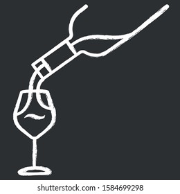 Wine service chalk icon. Alcohol beverage pouring in glass. Aperitif drink bottle. Barman, sommelier, winery. Bar, restaurant. Party, celebration. Isolated vector chalkboard illustration
