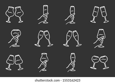 Wine service chalk icons set. Clinking glasses of wine and champagne. Hands holding wineglasses. Celebration, party. Wedding. Tasting, degustation. Toast. Isolated vector chalkboard illustrations