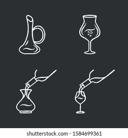 Wine service chalk icons set. Alcohol beverage pouring in glass. Wineglasses, decanters. Different types of aperitif drinks. Sommelier, barman. Bar glassware. Isolated vector chalkboard illustrations