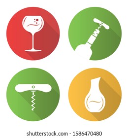 Wine service flat design long shadow glyph icons set. Winery, tableware, glassware. Decanter, wine glass, corkscrew. Pub, bar, restaurant barman tool. Vector silhouette illustration