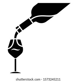 Wine service glyph icon. Alcohol beverage pouring in glass. Bar, restaurant aperitif drink bottle. Barman, sommelier, winery. Silhouette symbol. Negative space. Vector isolated illustration