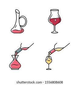 Wine service icons set. Alcohol beverage pouring in glass. Wineglasses, decanters. Different types of aperitif drinks. Sommelier, barman. Bar, restaurant tableware. Isolated vector illustrations