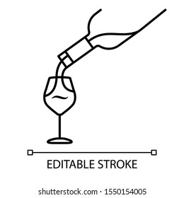 Wine service linear icon. Alcohol beverage pouring in glass thin line illustration. Aperitif drink bottle contour symbol. Sommelier, winery. Vector isolated outline drawing. Editable stroke