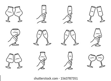 Wine service linear icons set. Clinking glasses of wine and champagne. Hands holding wineglasses. Celebration. Toast. Thin line contour symbols. Isolated vector outline illustrations. Editable stroke