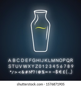Wine service neon light icon. Decorative decanter with alcohol beverage. Aperitif drink for party, holiday, bar. Glowing sign with alphabet, numbers and symbols. Vector isolated illustration