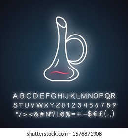 Wine service neon light icon. Decanter with dessert alcohol beverage. Aperitif drink for party, holiday, celebration. Glowing sign with alphabet, numbers and symbols. Vector isolated illustration
