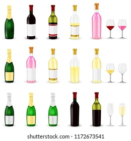 Wine. Set of 3d wine and champagne bottles and glasses. Vector illustration isolated on white background