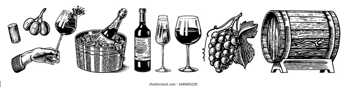 Wine set. Alcoholic drink in the hand. Sparkling champagne, bottle and glass Cheers, ice bucket, wooden barrel. Grapes Corkscrew Olives Cork. Drawn engraved sketch for bar, restaurant menu.