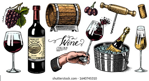 Wine set. Alcoholic drink in the hand. Sparkling champagne, bottle and glass Cheers, ice bucket, wooden barrel. Grapes Corkscrew Olives Cork. Drawn engraved sketch for bar, restaurant menu.