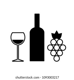 Wine set. Black silhouette of a bottle, glass and grape on a white background. Wine making products.