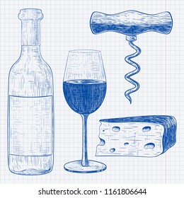 Wine set. Blue hand drawn sketch. Vintage style. Vector illustration